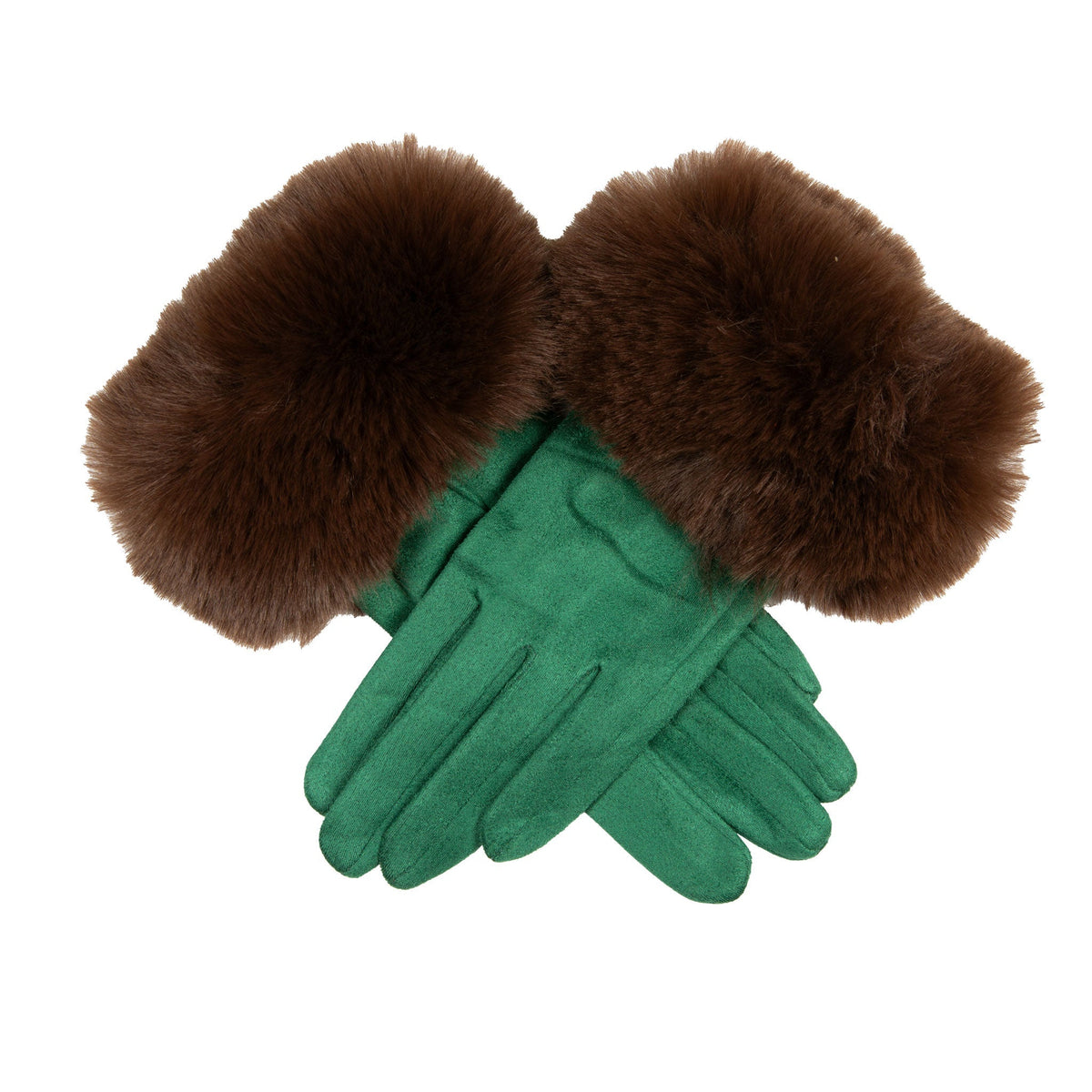 Women's touchscreen velour-lined faux suede gloves with faux fur cuffs in emerald/chocolate