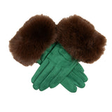 Women's touchscreen velour-lined faux suede gloves with faux fur cuffs in emerald/chocolate