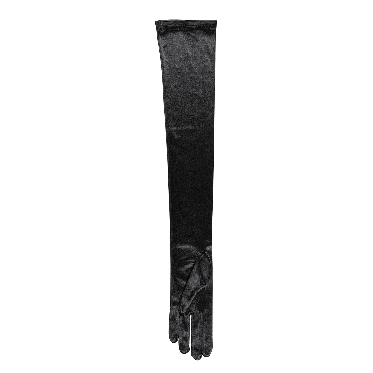 Women's long opera satin gloves in black - single glove palm up