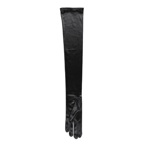 Women's long opera satin gloves in black - single glove palm up