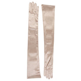 Women's long satin opera gloves in champagne - both gloves next to each other
