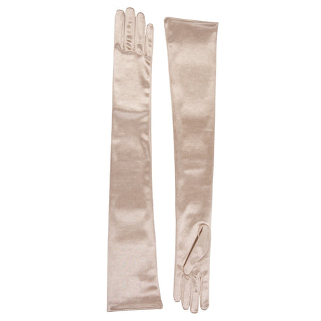 Women's long satin opera gloves in champagne - both gloves next to each other