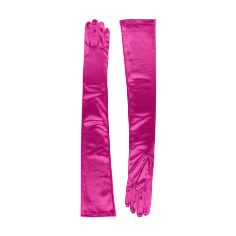 Women's long opera satin gloves in fuchsia - both gloves