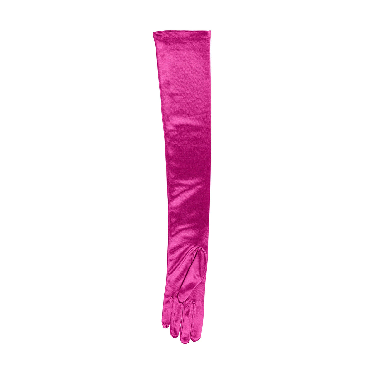 Women's long opera satin gloves in fuchsia - palm side up