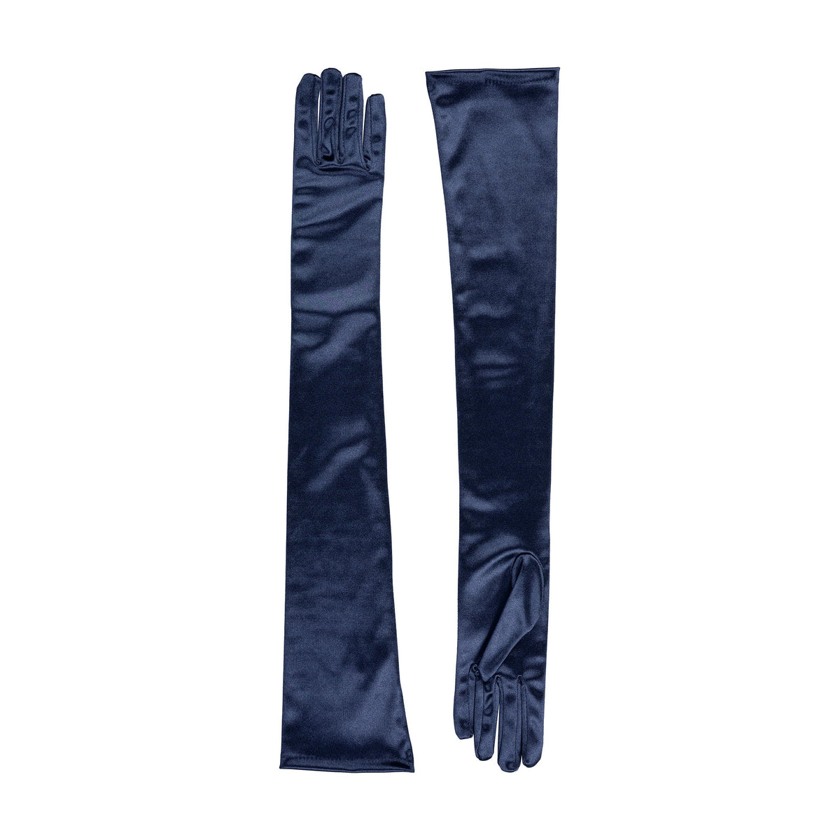 Women's long opera satin gloves in navy - both gloves