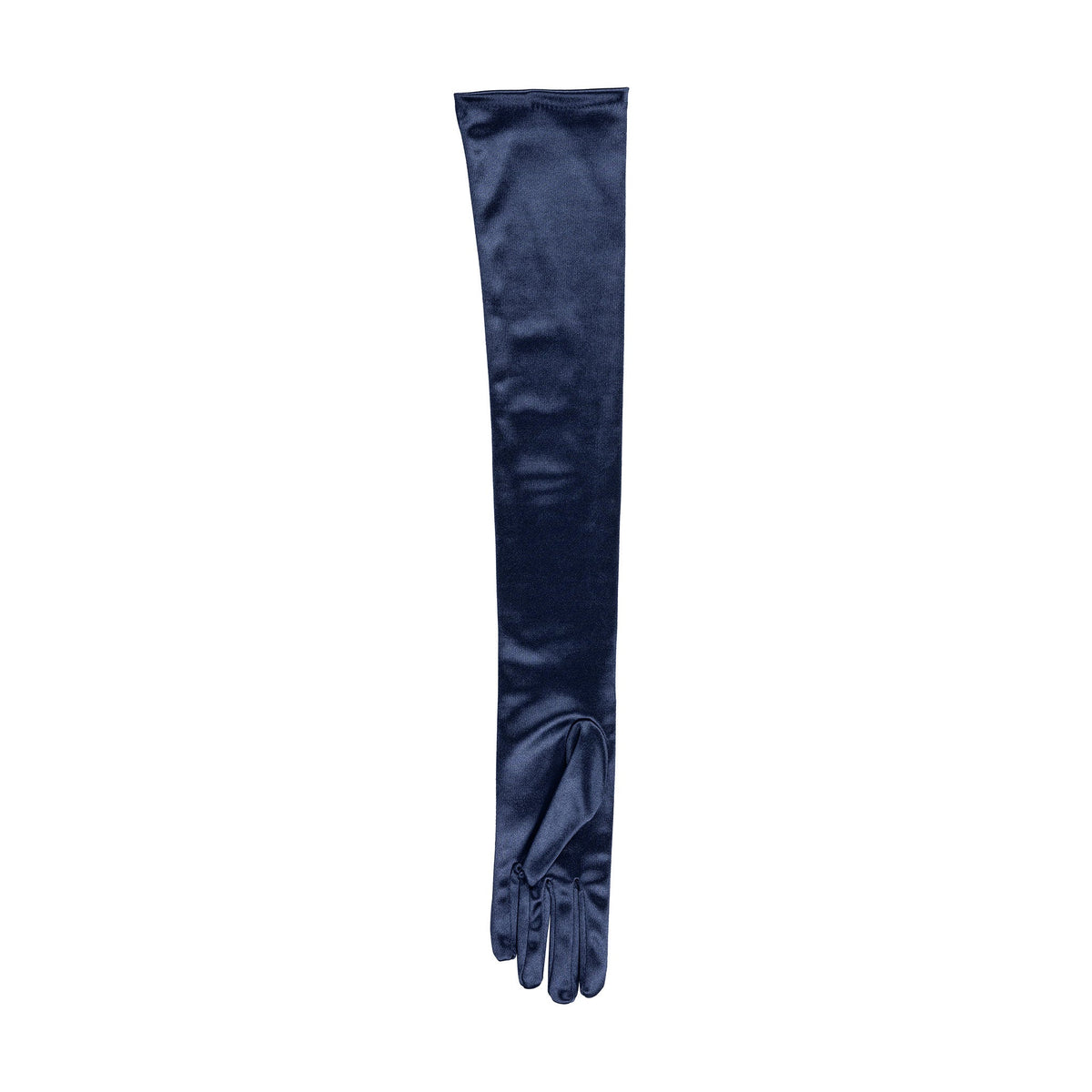 Women's long opera satin gloves in navy - palm side up