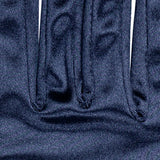 Women's long opera satin gloves in navy - stitching in between fingers