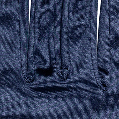 Women's long opera satin gloves in navy - stitching in between fingers