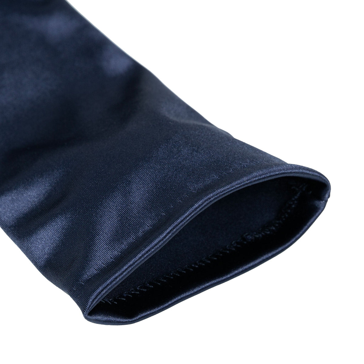 Women's long opera satin gloves in navy open cuff
