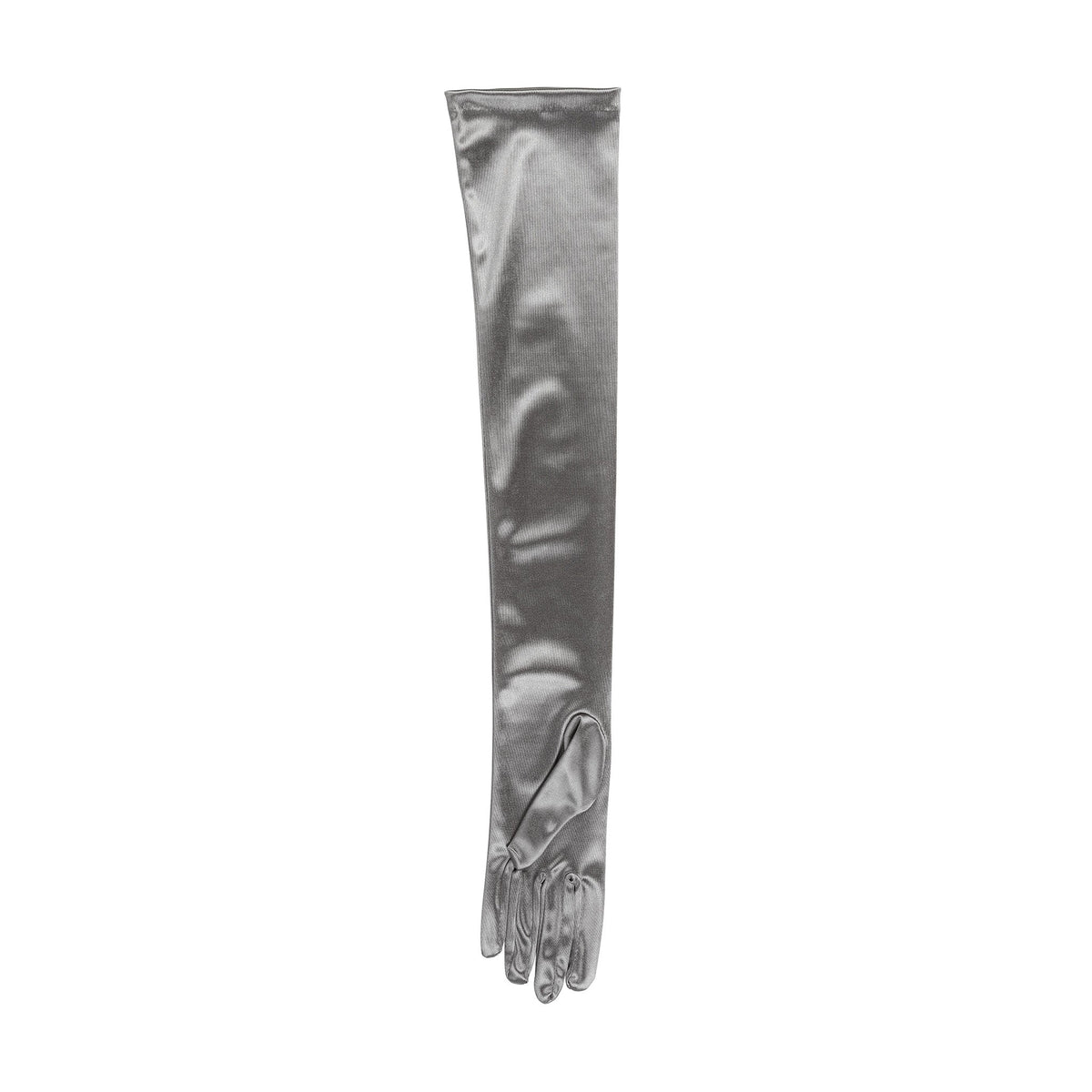 Women's long opera satin gloves in pewter - palm side