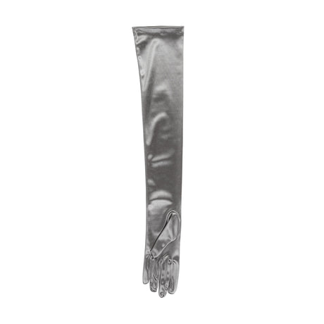 Women's long opera satin gloves in pewter - palm side