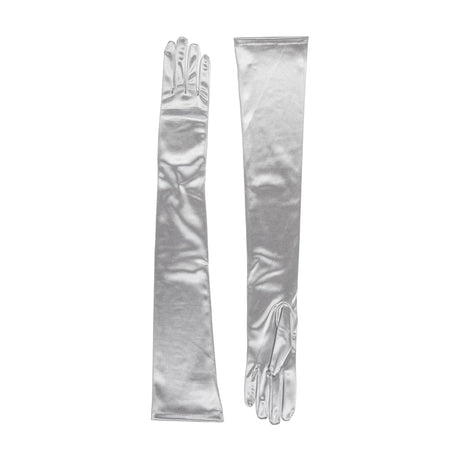 Women's long opera satin gloves in silver grey - both gloves