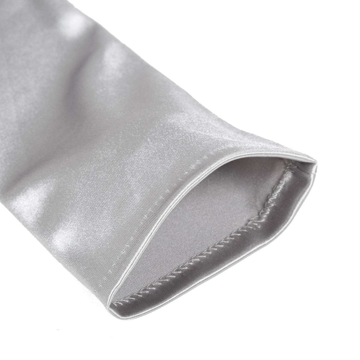 Women's long opera satin gloves in silver grey - open cuff