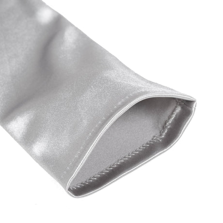 Women's long opera satin gloves in silver grey - open cuff