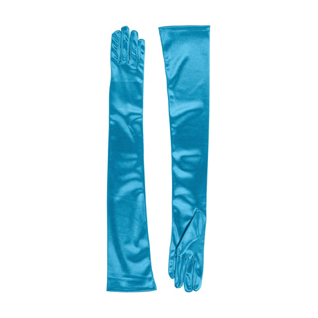 Women's long opera satin gloves in teal - both gloves