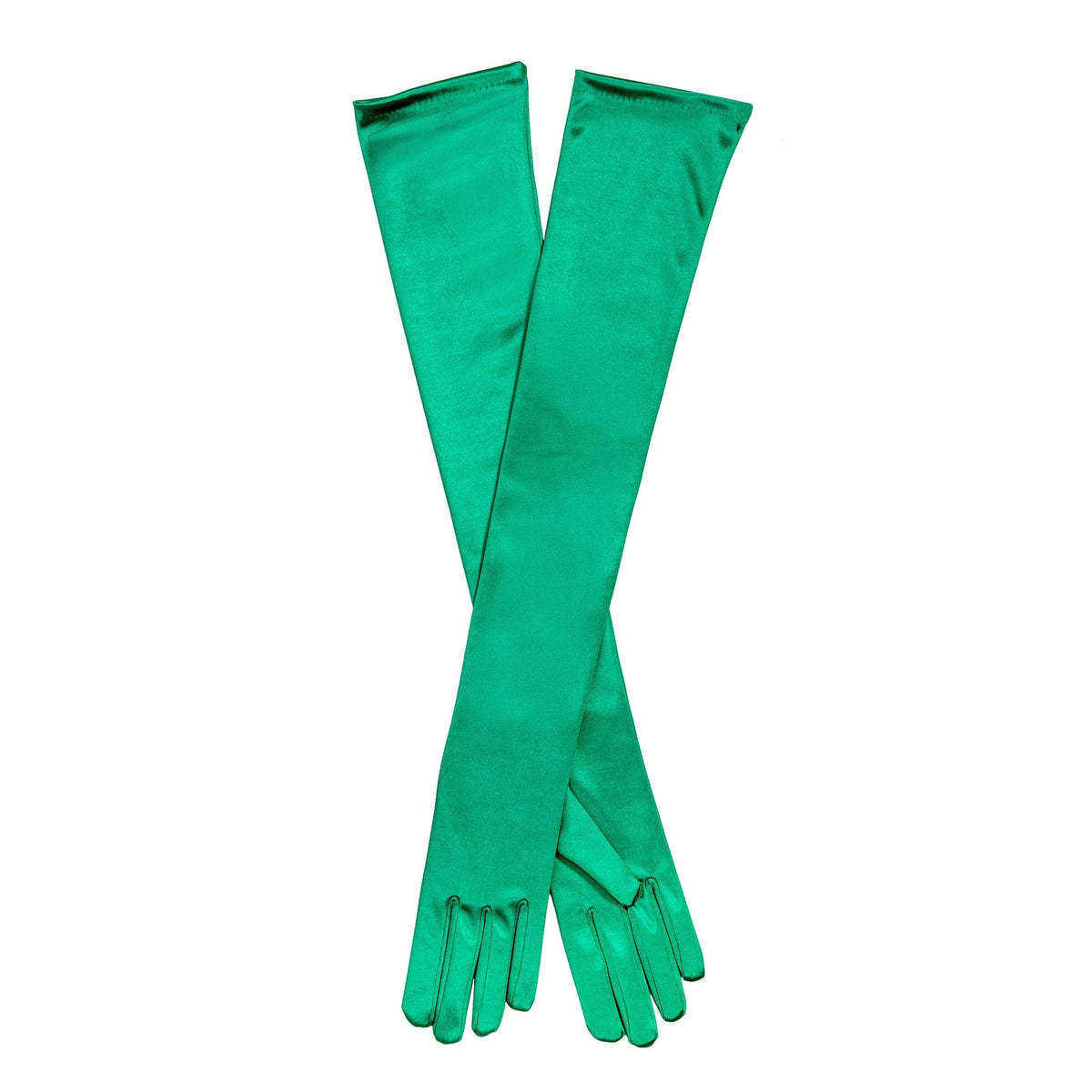 Women's long satin opera gloves in green in a criss cross position. 