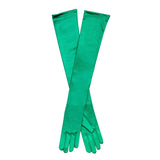 Women's long satin opera gloves in green in a criss cross position. 