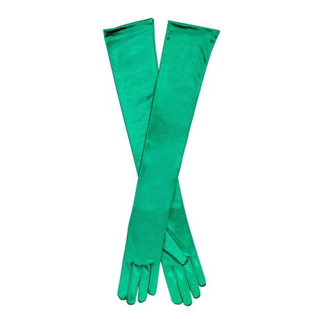 Women's long satin opera gloves in green in a criss cross position. 