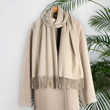 Women's plain pashmina in beige on a camel coat 