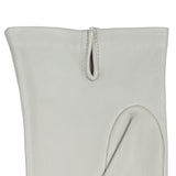 Women's three point leather gloves silver, left hand close up. 