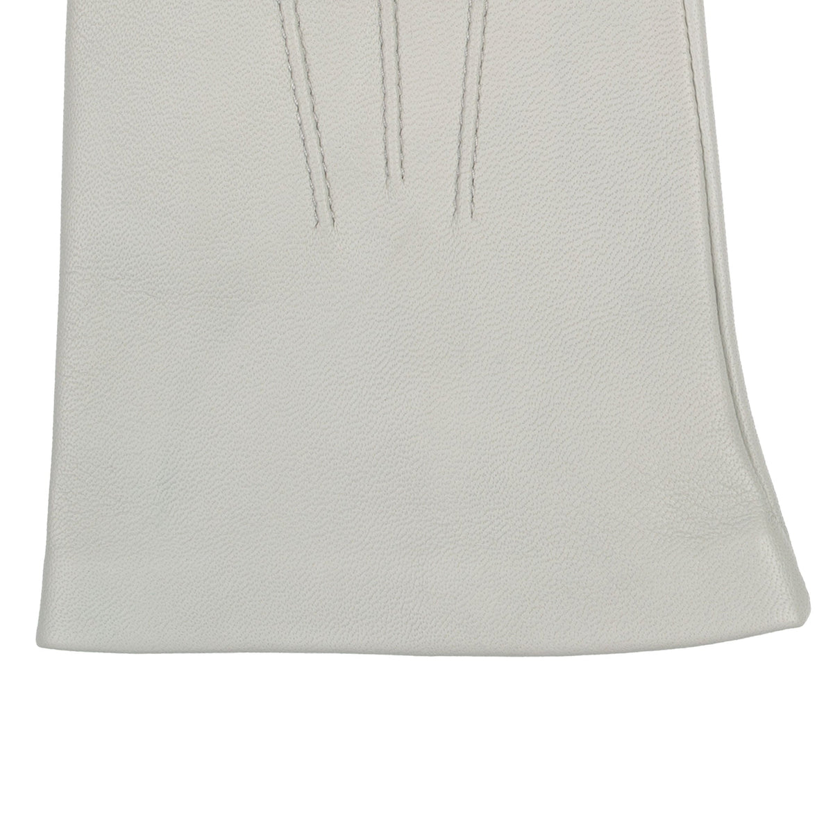Women's three point leather gloves silver, right hand close up.