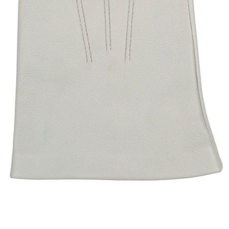 Women's three point leather gloves silver, right hand close up.