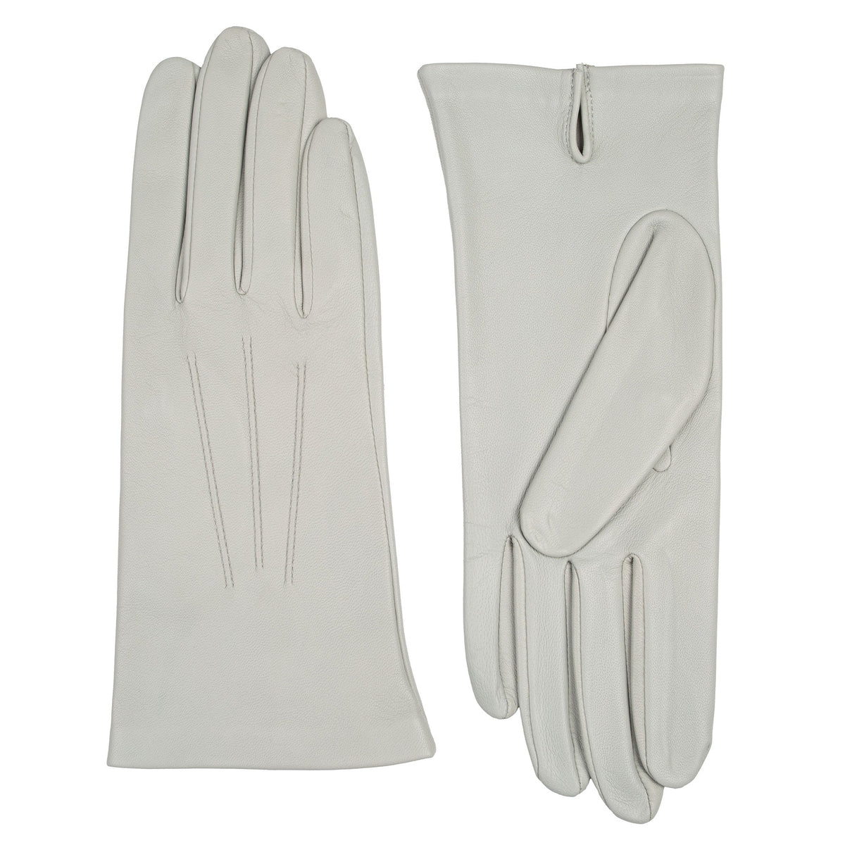 Women's three point leather gloves silver, side by side. 