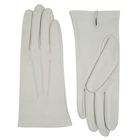 Women's three point leather gloves silver, side by side. 