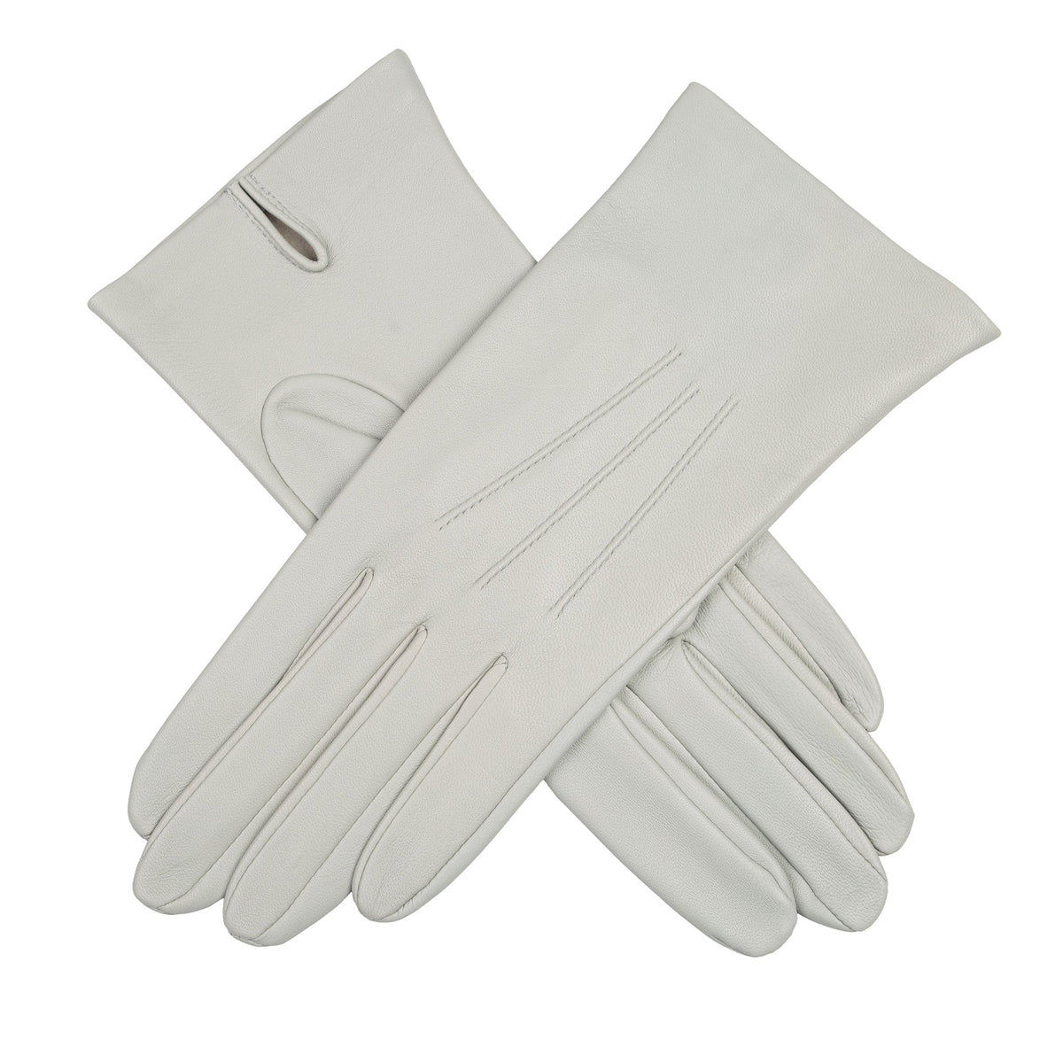 Women's three point leather gloves silver, crossed position.
