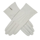 Women's three point leather gloves silver, crossed position.
