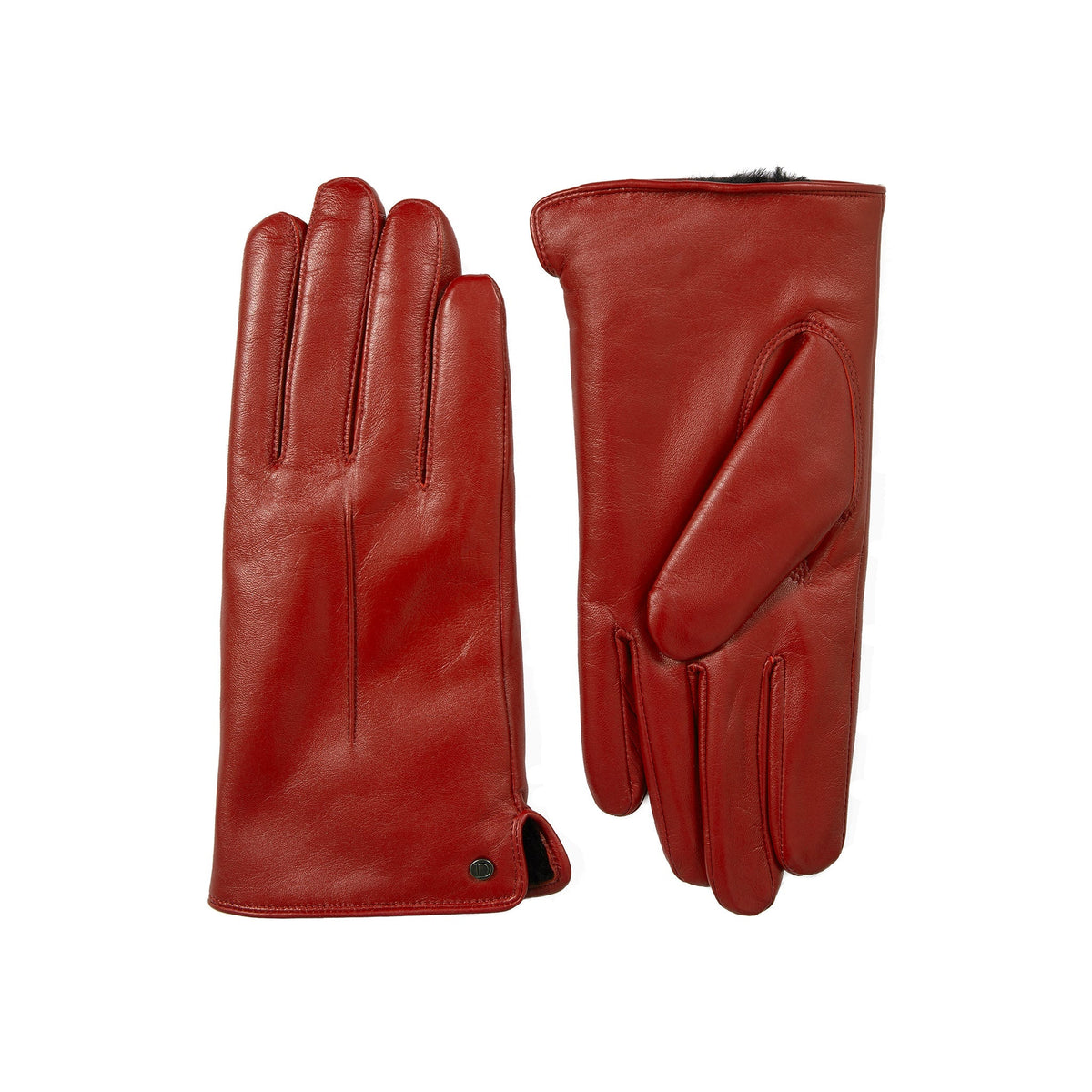 Women's touchscreen single-point faux fur lined leather gloves in berry side