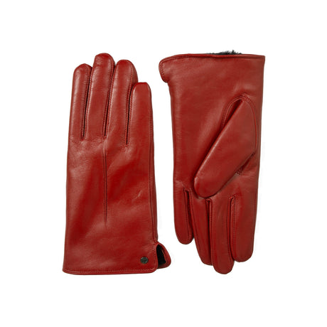Women's touchscreen single-point faux fur lined leather gloves in berry side