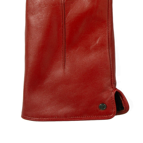Women's touchscreen single-point faux fur lined leather gloves in berry right cuff