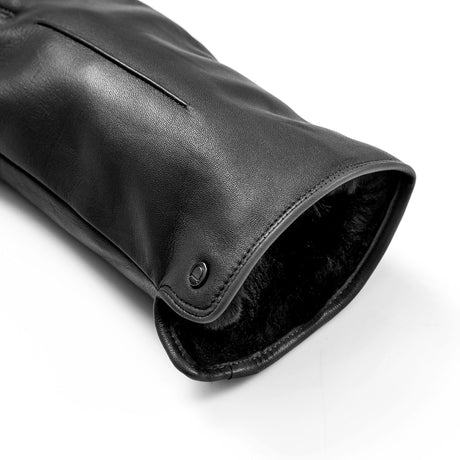 Women's touchscreen single-point faux fur lined leather gloves in black open cuff