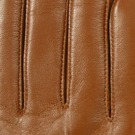 Women's touchscreen single-point faux fur lined leather gloves in cognac fingers