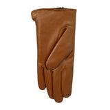 Women's touchscreen single-point faux fur lined leather gloves in cognac left hand
