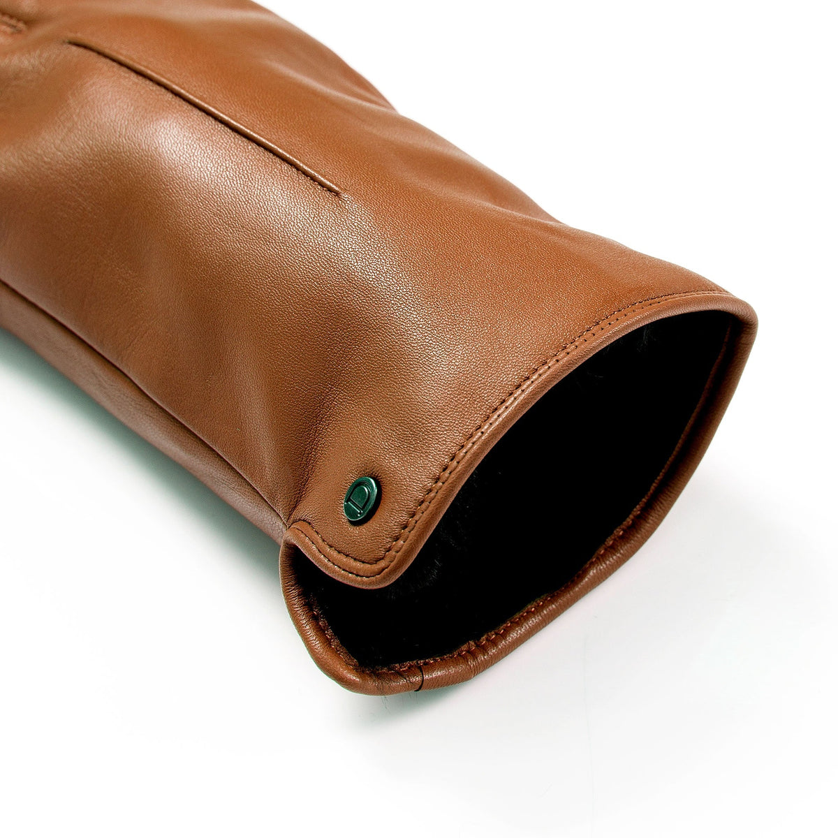 Women's touchscreen single-point faux fur lined leather gloves in cognac open cuff