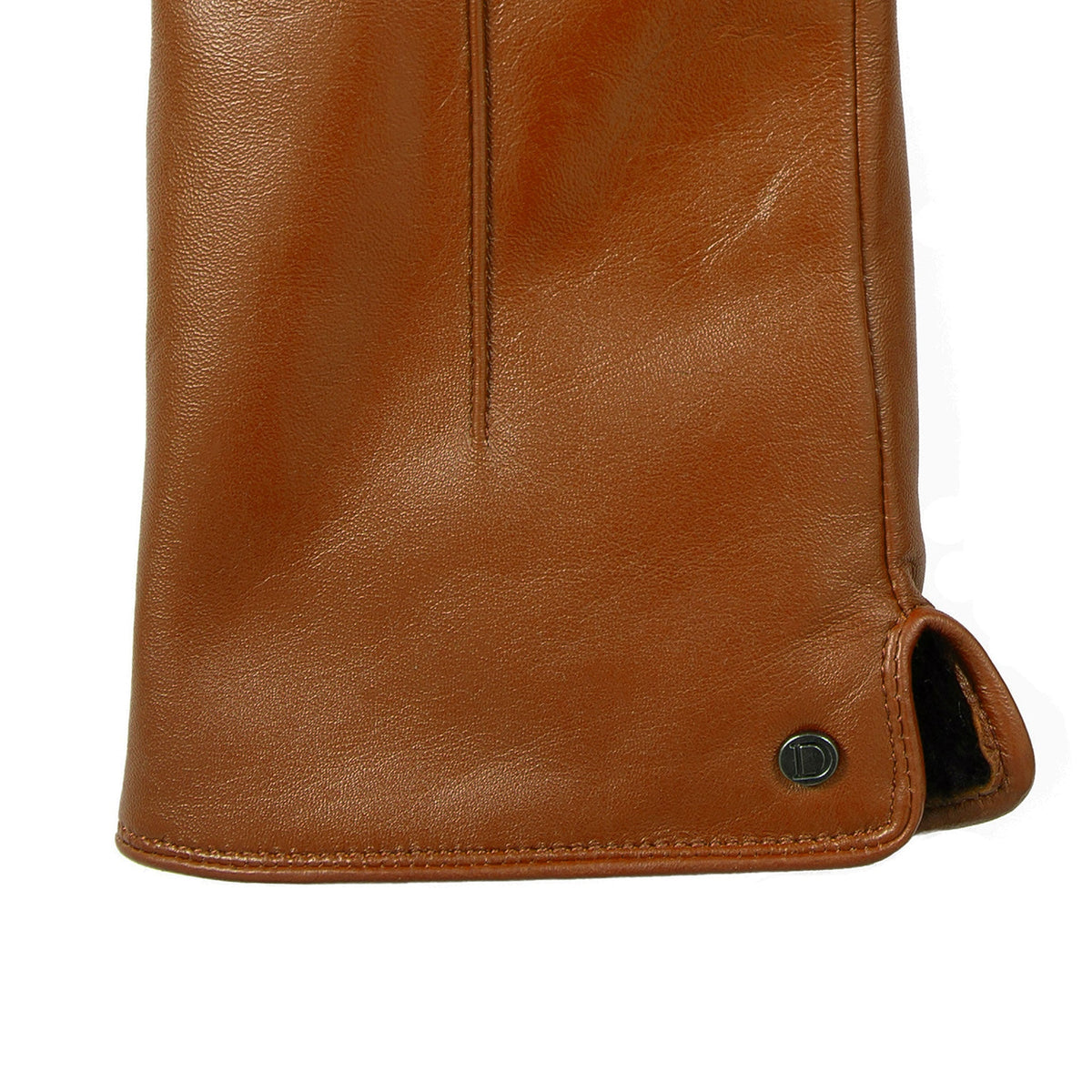 Women's touchscreen single-point faux fur lined leather gloves in cognac right cuff