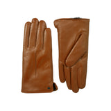 Women's touchscreen single-point faux fur lined leather gloves in cognac side