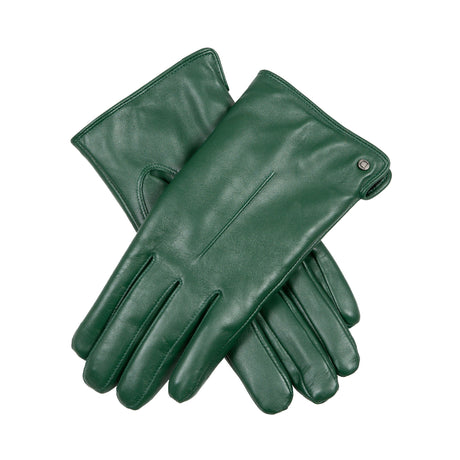 Women's touchscreen single point faux fur lined leather gloves in forest green