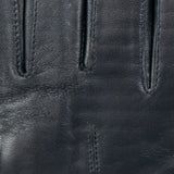 Women's touchscreen single-point faux fur lined leather gloves in navy fingers