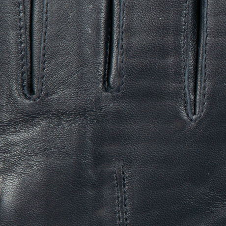 Women's touchscreen single-point faux fur lined leather gloves in navy fingers