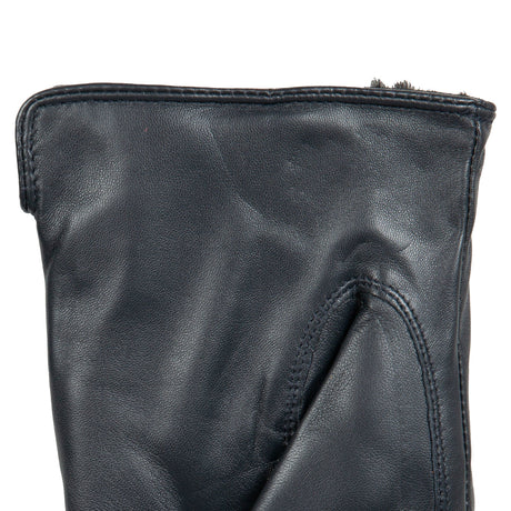 Women's touchscreen single-point faux fur lined leather gloves in navy left cuff