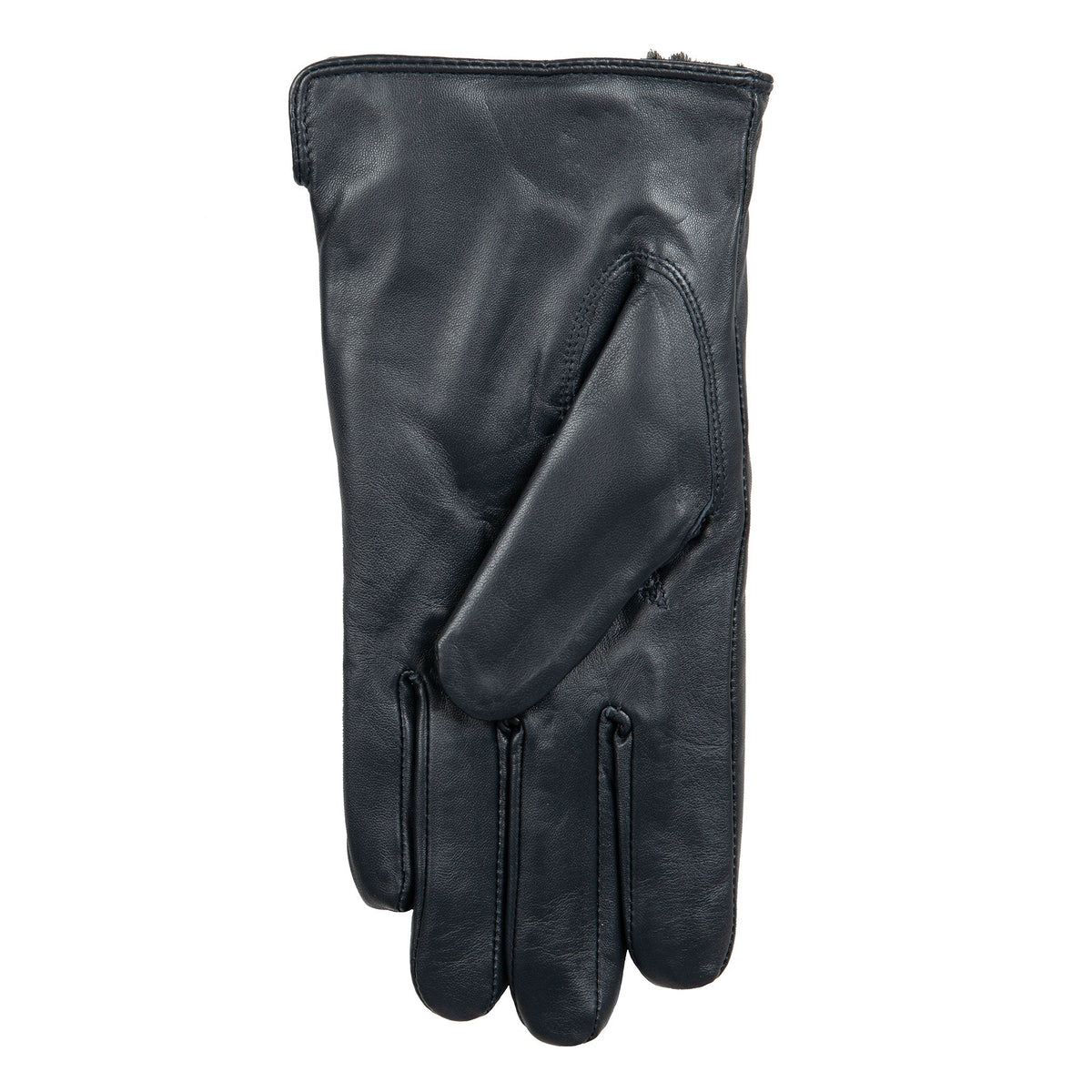 Women's touchscreen single-point faux fur lined leather gloves in navy left hand