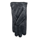 Women's touchscreen single-point faux fur lined leather gloves in navy left hand