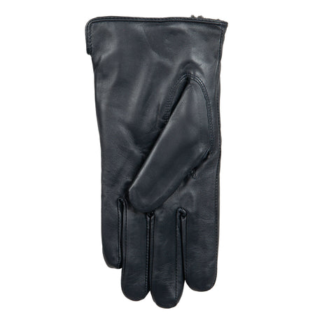 Women's touchscreen single-point faux fur lined leather gloves in navy left hand