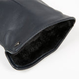 Women's touchscreen single-point faux fur lined leather gloves in navy open cuff