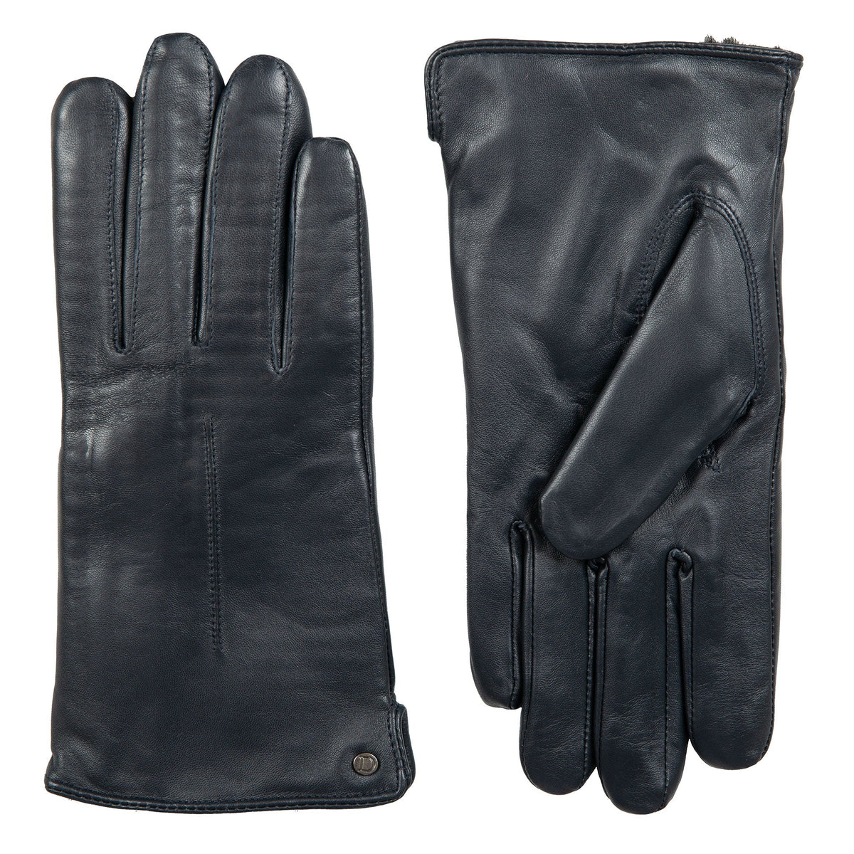 Women's touchscreen single-point faux fur lined leather gloves in navy side