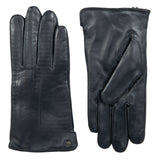 Women's touchscreen single-point faux fur lined leather gloves in navy side