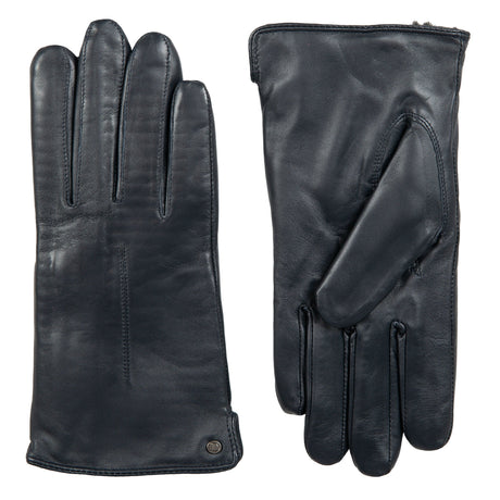 Women's touchscreen single-point faux fur lined leather gloves in navy side